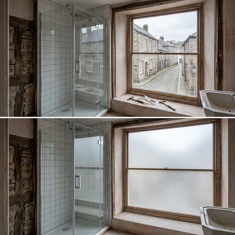 Two bathroom views showing a glass shower enclosure with white tile walls and a window with wooden frame, comparing clear and frosted glass options