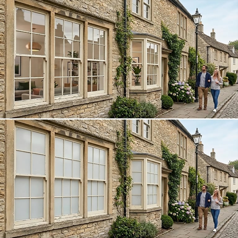 Before and after comparison of stone cottages with ivy-covered facades and pedestrians walking on a cobbled street
