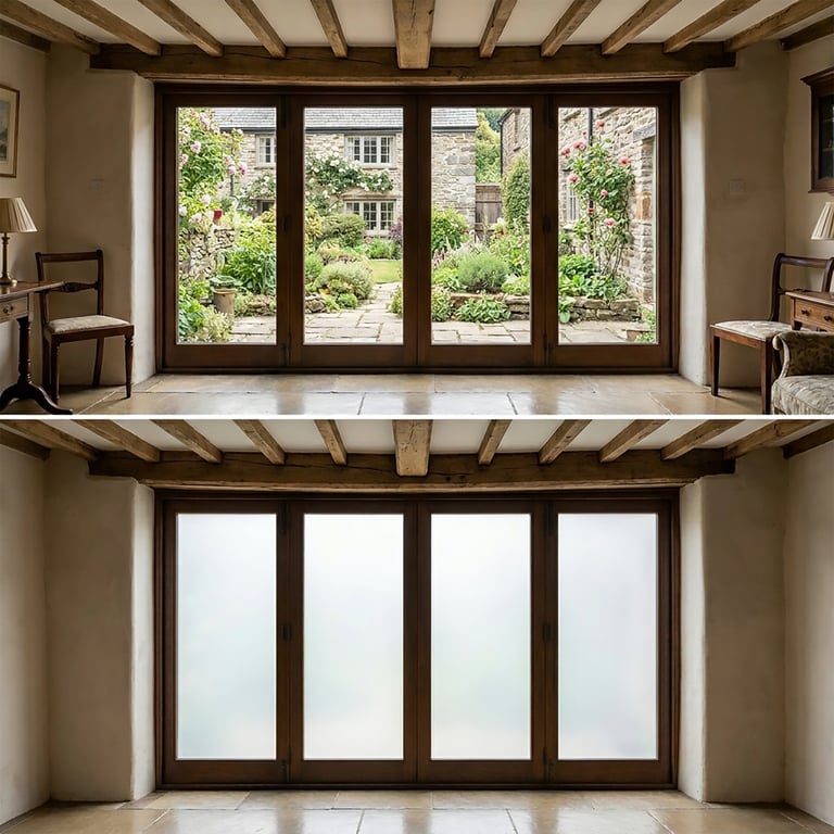 Two views of dark-framed French doors opening to a lush garden courtyard, showing before and after privacy film application