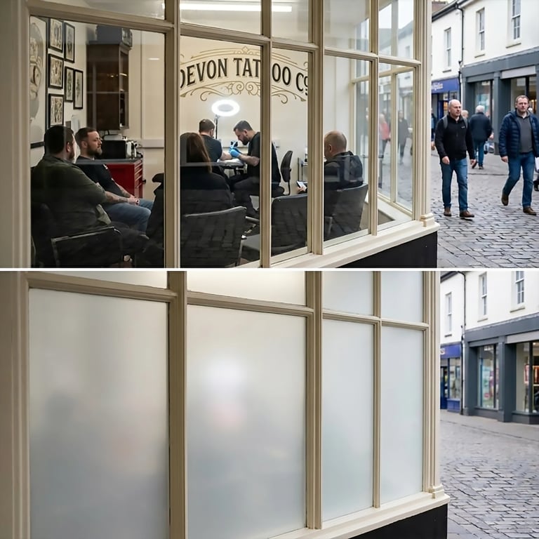 Devon Tattoo Co storefront with customers inside, before and after frosted glass installation comparison on street
