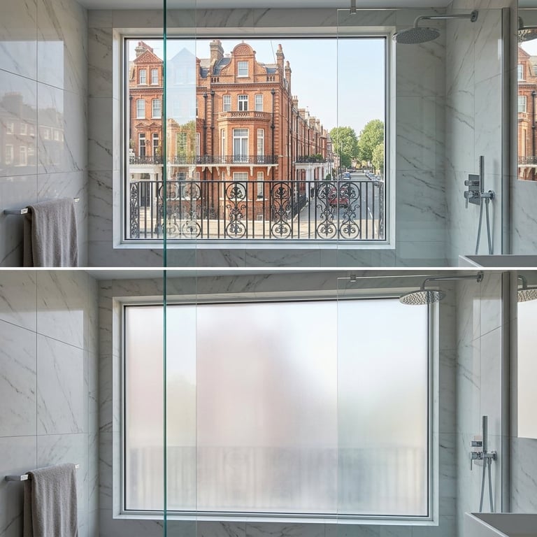 Modern bathroom with marble walls and glass shower enclosure. Top image shows view of red brick historic buildings through window. Bottom image shows frosted glass window.