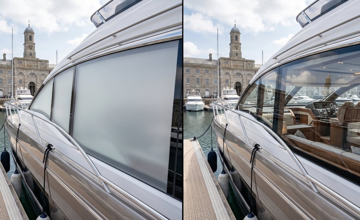 Side-by-side comparison of boat window with privacy shade closed and open, revealing harbor view with historic building and moored boats
