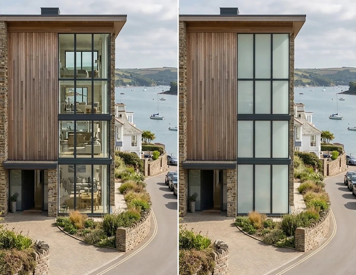 Side-by-side comparison of a modern waterfront house with wooden slat cladding and different window configurations, overlooking a coastal harbor