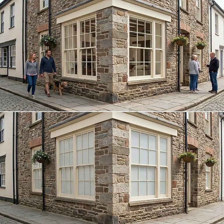 Before and after comparison of a stone corner building showing removal of pedestrians and street activity in the after version