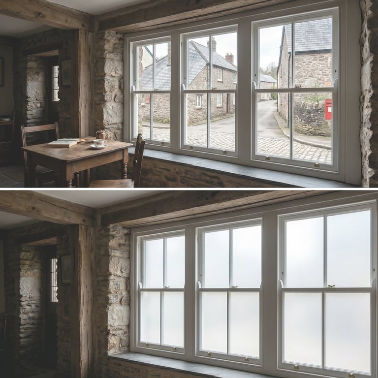Before and after comparison of smart glass in a St Ives harbour property