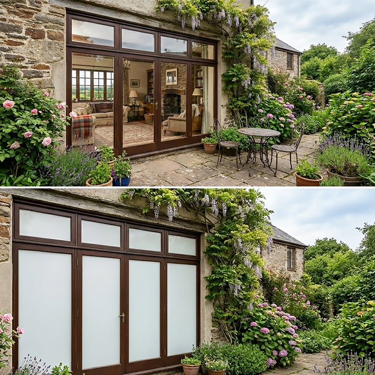 Before and after of a patio door upgrade, showing frosted glass doors replacing open glazing on a stone cottage exterior