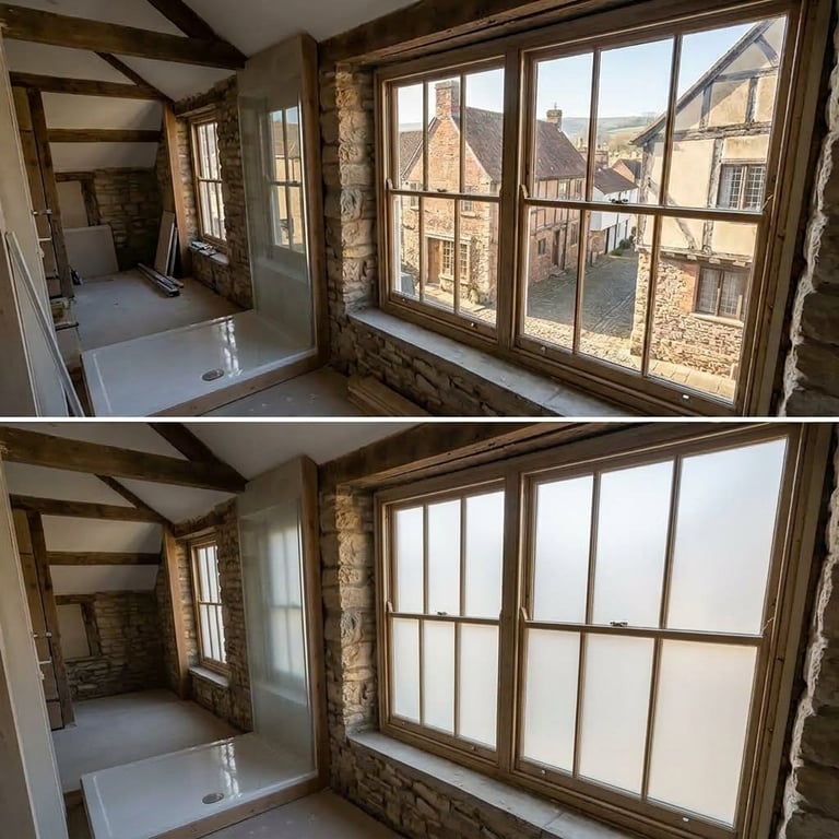 Two interior room views showing large latticed windows with wooden frames, stone walls, and white sink fixtures, demonstrating before and after window treatments or different lighting conditions