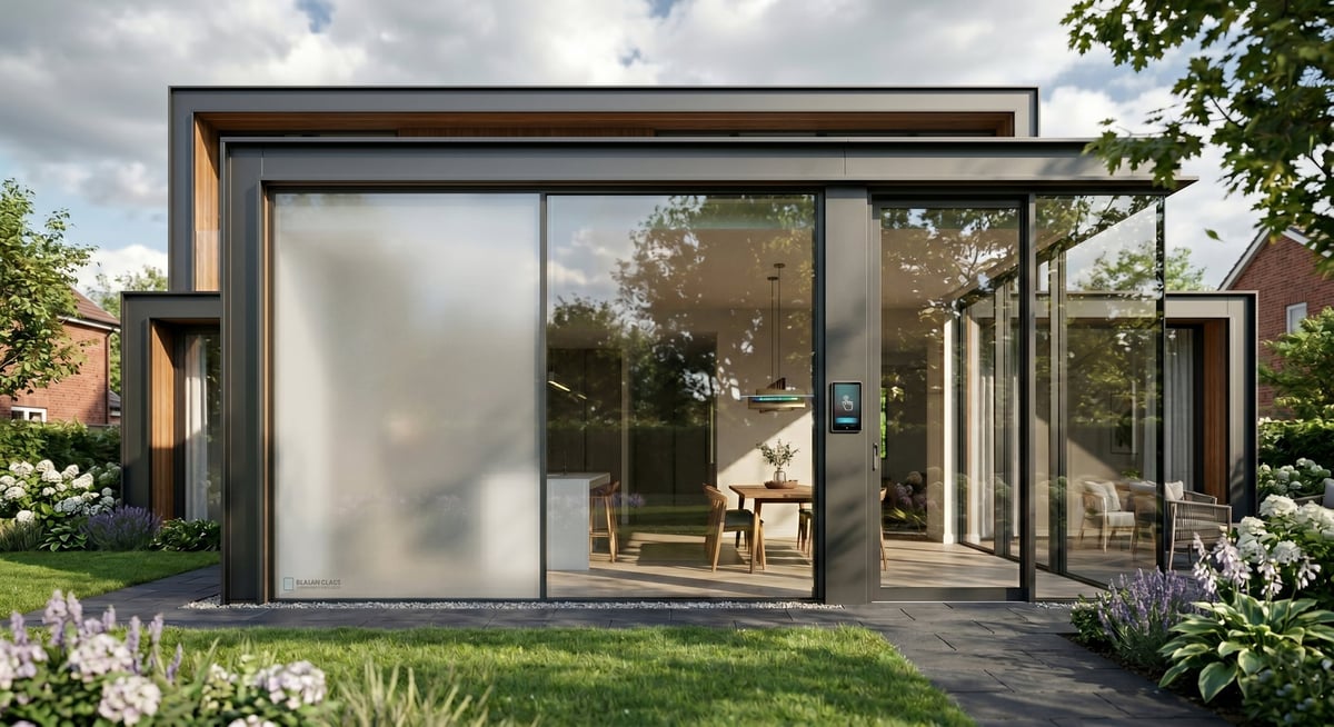 Modern garden room with large sliding glass doors