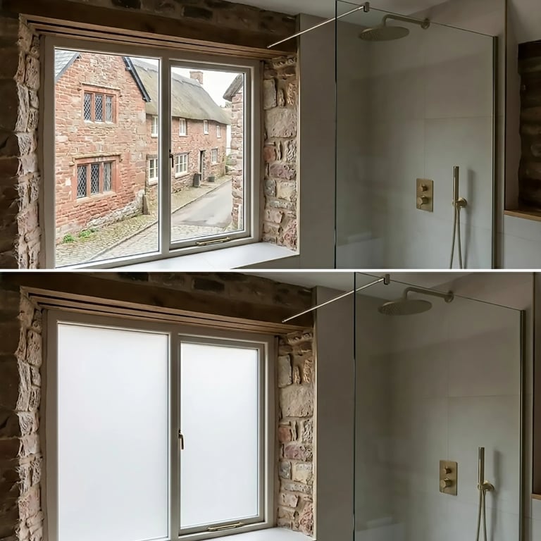 Before and after comparison of a bathroom window installation with frosted glass replacing a clear glass window view