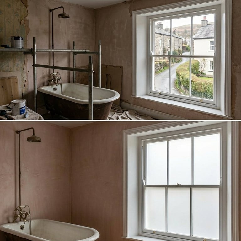 Before and after bathroom renovation showing vintage clawfoot tub with updated fixtures and fresh paint against neutral walls