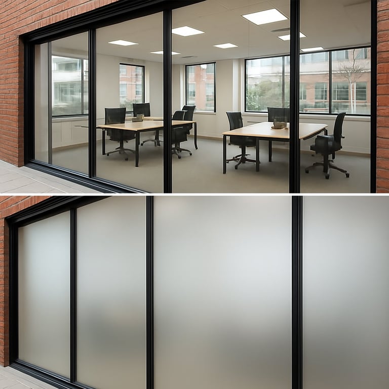 Modern office space with glass partition walls showing open layout with desks and black office chairs, and frosted glass view below