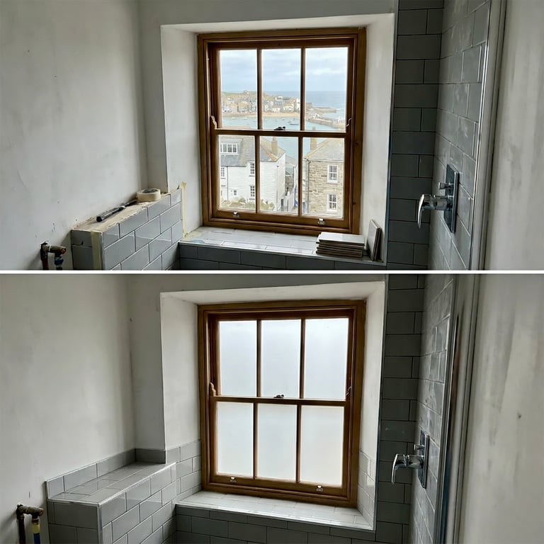 Before and after comparison of a bathroom window installation with brown wooden frame in white tiled room
