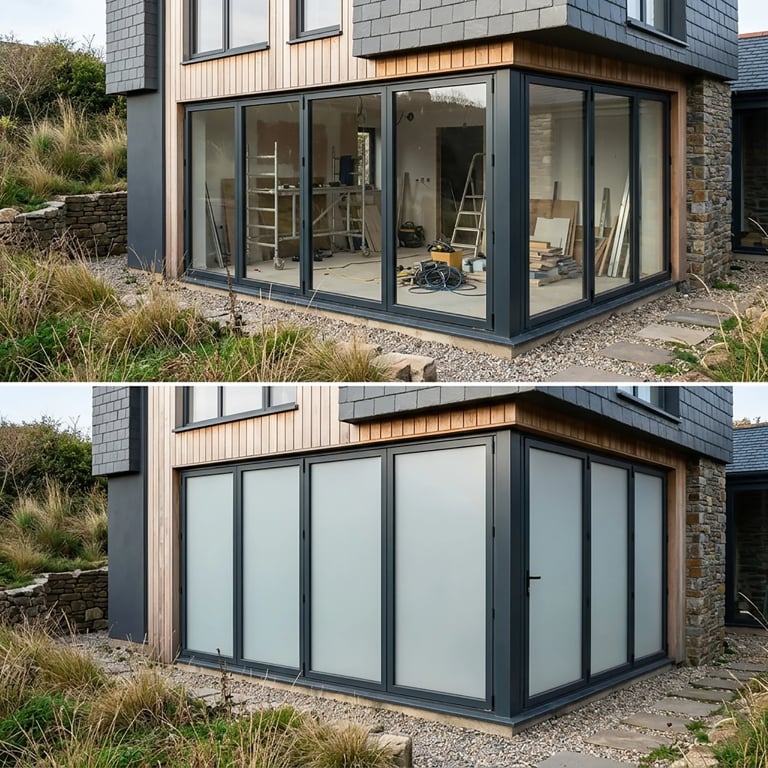 Before and after comparison of modern home extension with black-framed glass corner panels and wooden cladding accent