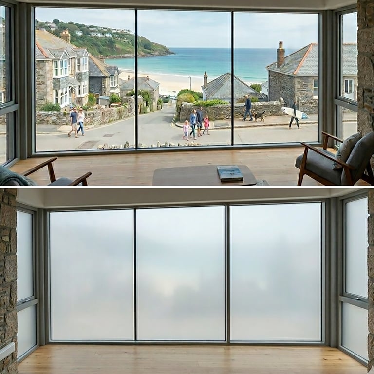 Comparison of large windows showing coastal village views above and frosted glass below, demonstrating privacy and visibility differences