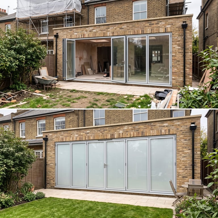 Before and after comparison of a brick house extension with sliding glass doors installed across the rear wall