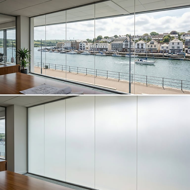 Before and after comparison of motorized roller shades transforming a waterfront office view from clear to frosted