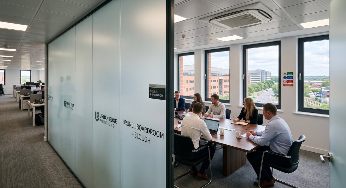 Modern office meeting room with glass walls, four people seated at a table working together, with city views through large windows
