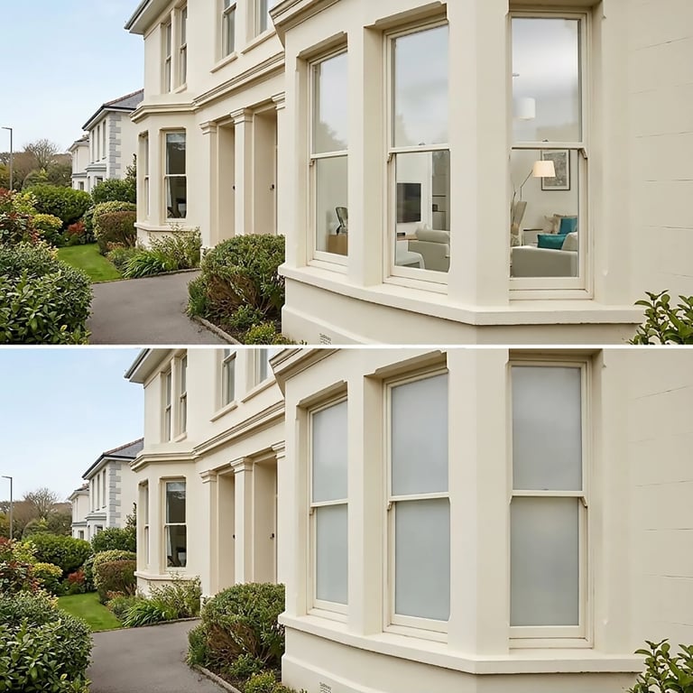 Before and after comparison of large bay windows on cream-colored residential house showing transition from clear glass to frosted glass privacy solution.