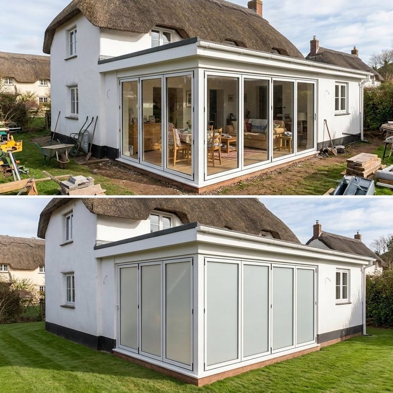 Before and after comparison of a white modern extension with large glass doors on a thatched-roof cottage, showing open and closed configurations.