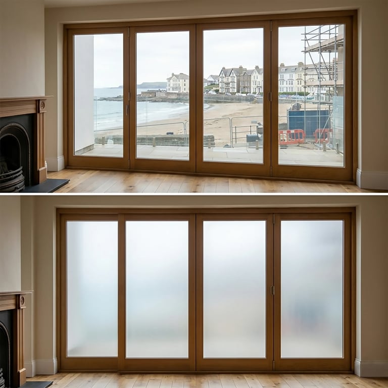 Before and after comparison of wooden sliding patio doors with clear and frosted glass panels overlooking a waterfront view