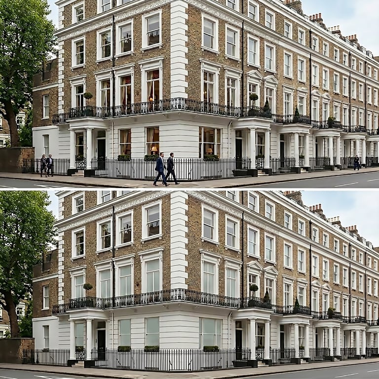 Before and after comparison of a grand Victorian-era corner building with white facades and multiple stories, showing structural or restoration changes