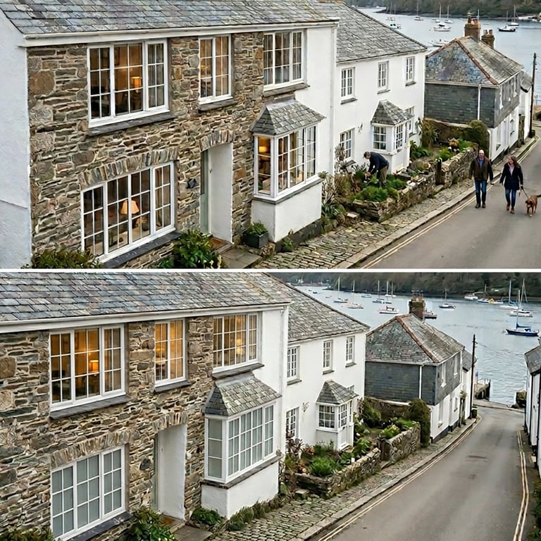 Before and after comparison of a coastal stone cottage renovation showing exterior updates and changes to landscaping and street view