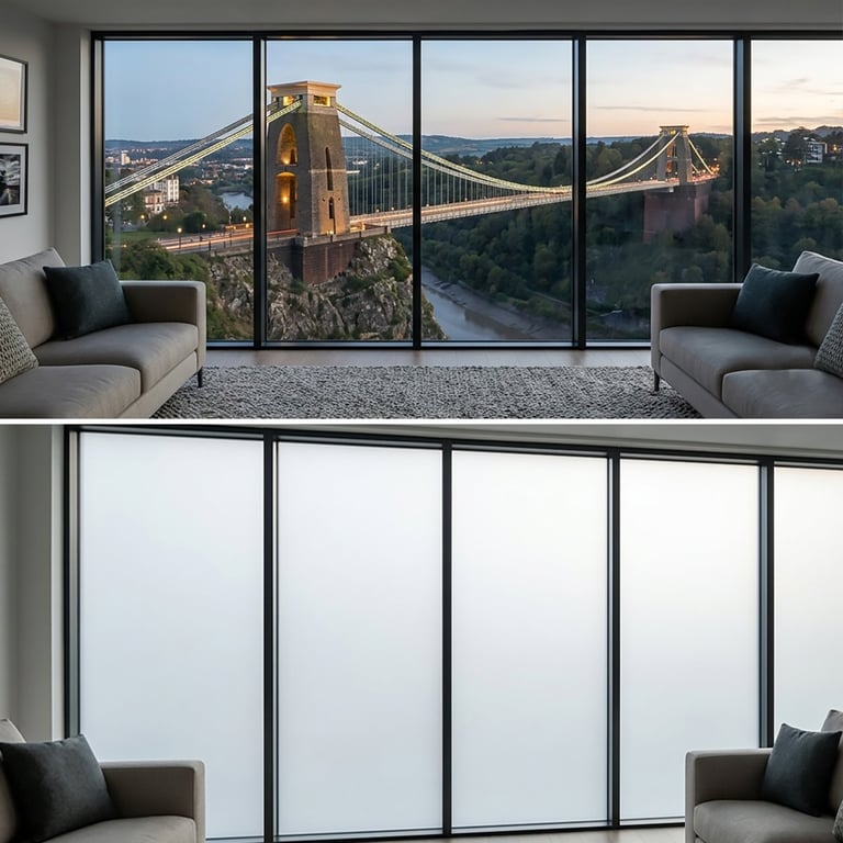 Modern interior with floor-to-ceiling windows overlooking Clifton Suspension Bridge and river valley, with upholstered seating on either side