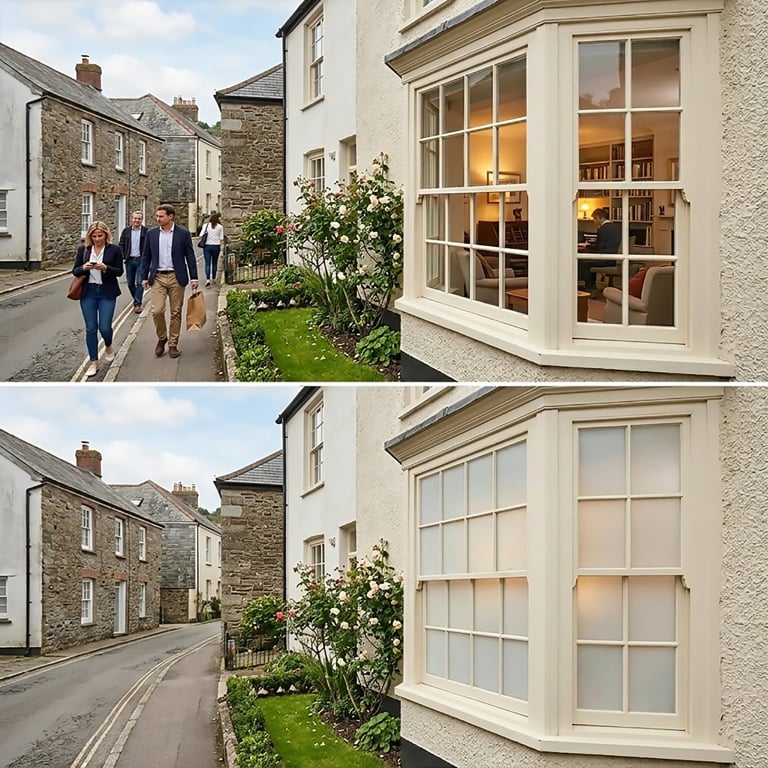 Before and after comparison of a cream cottage with large bay windows on a country street, showing improved window privacy with frosted glass treatment