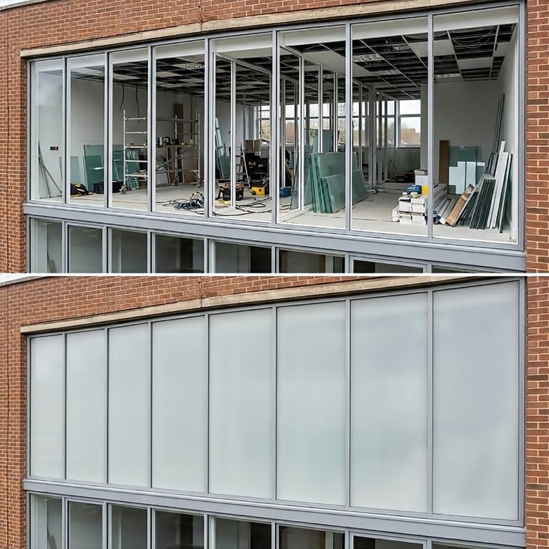 Brick building facade with large multi-pane windows showing interior construction site with materials and equipment