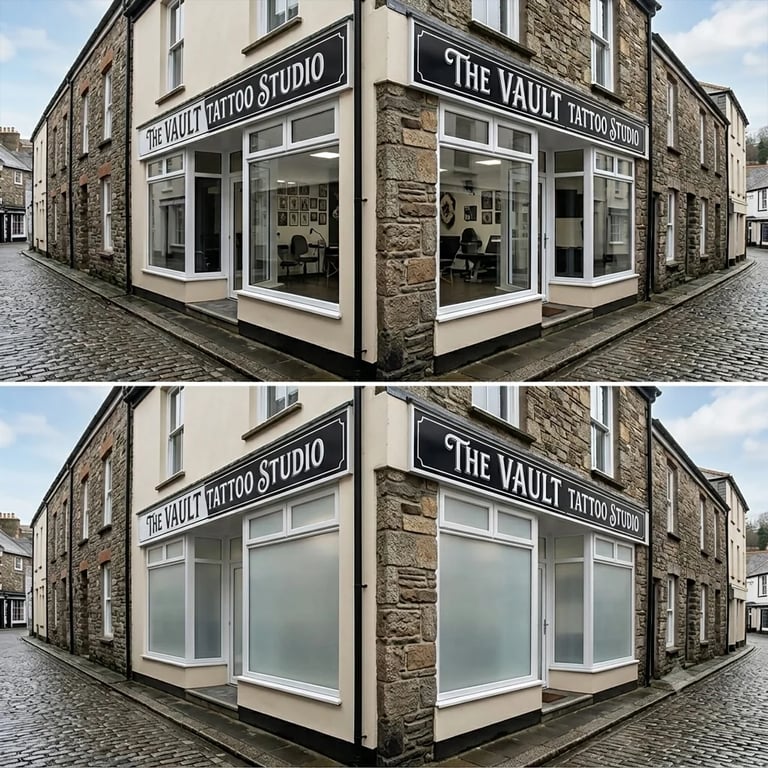 Before and after comparison of The Vault tattoo studio storefront, showing signage removed from display windows