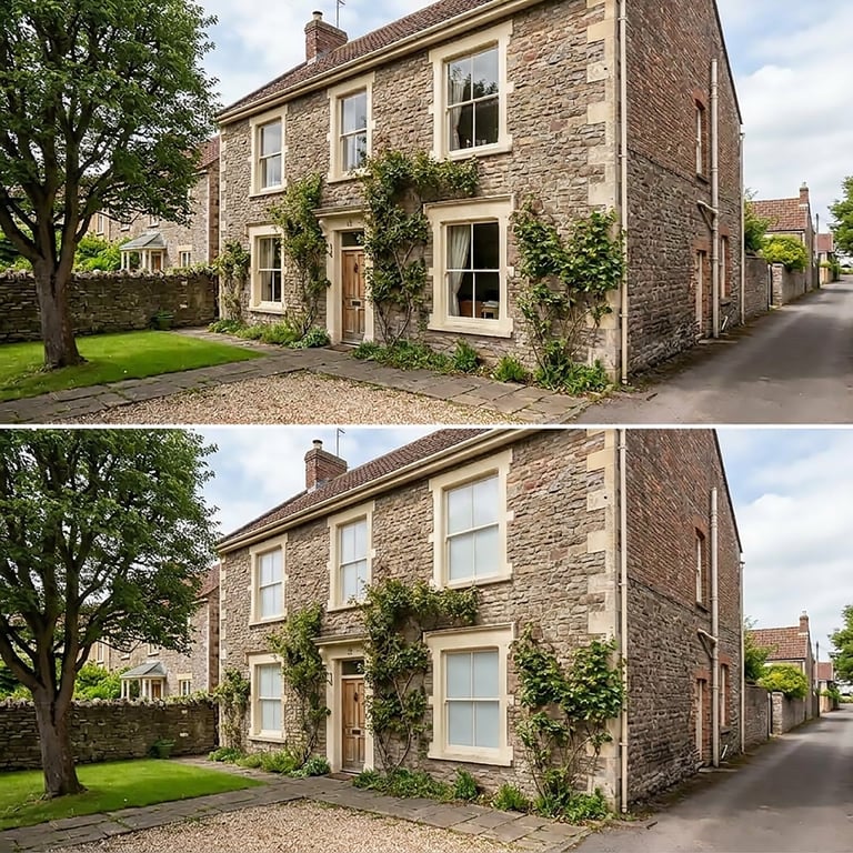 Stone cottage with ivy-covered walls, sash windows, and gravel driveway, shown in two similar angles