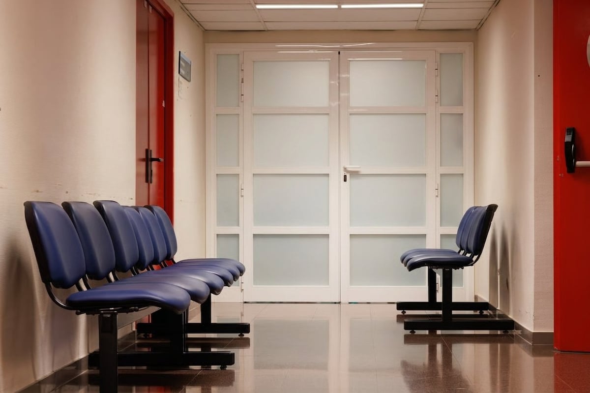 Modern waiting room with two blue chairs facing each other on a polished floor, white glass doors in background, red accent wall.