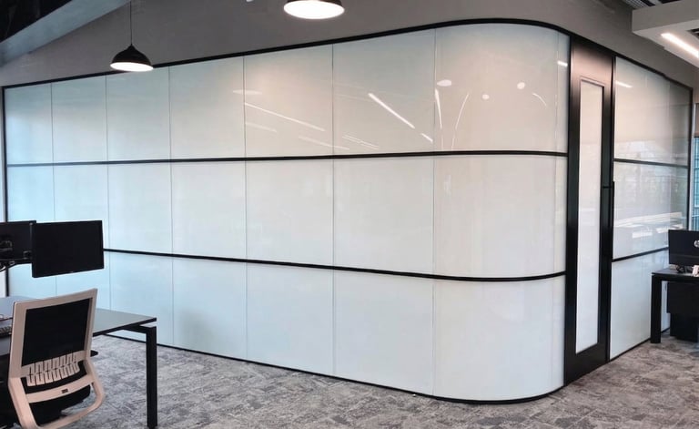 Modern office meeting room with frosted glass walls and black framing in a contemporary workspace