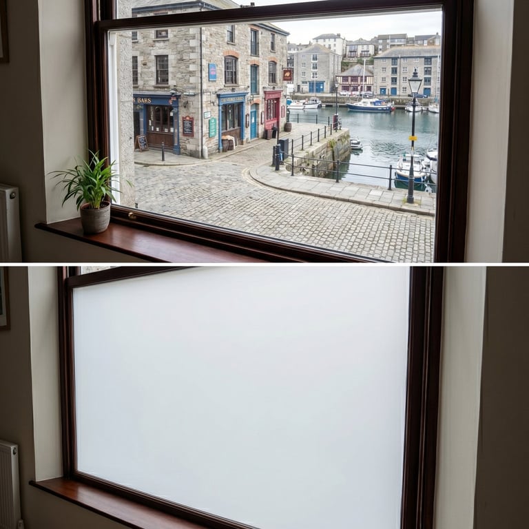 Smart window with dual view: top shows coastal harbor town with boats and buildings, bottom displays blank white screen