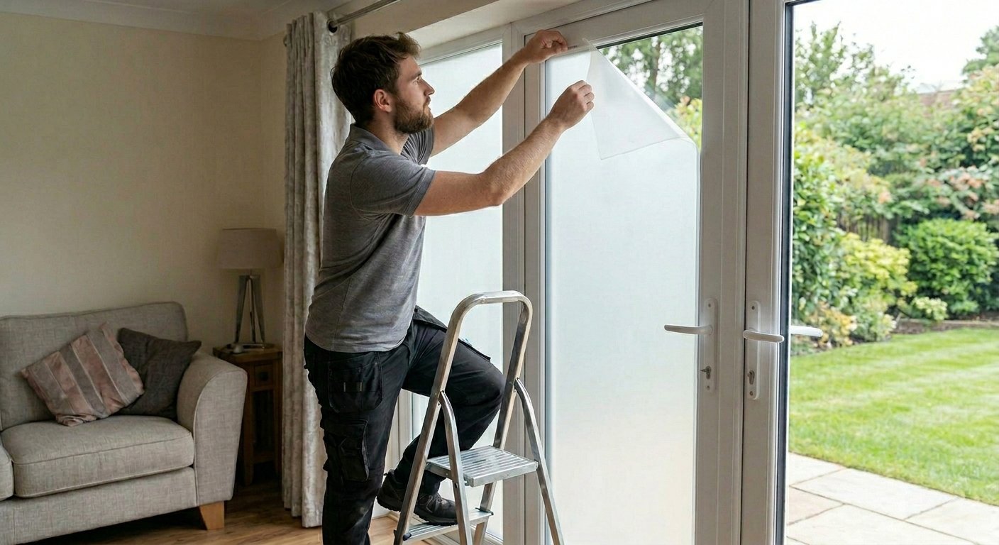 Man standing on a ladder cleaning or adjusting a large window in a bright living room with garden view