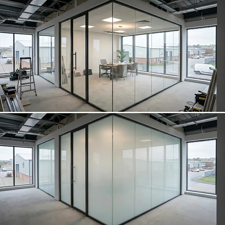 Before and after comparison of a modern glass-walled office space in a commercial building showing clear and frosted glass panels