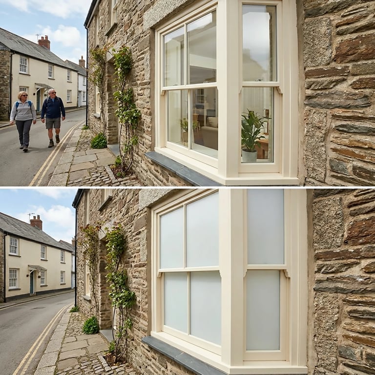 Before and after comparison of cream-colored corner windows on a historic stone cottage in a village street setting