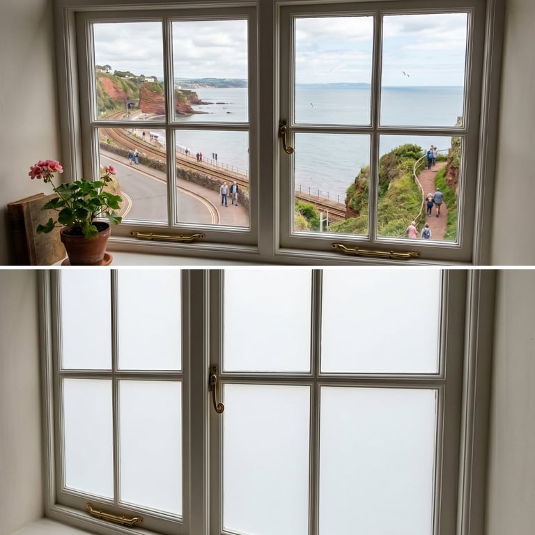 Split view of coastal windows: top shows ocean view with beach and cliffs from room with potted flowers; bottom shows same window style with frosted privacy panes