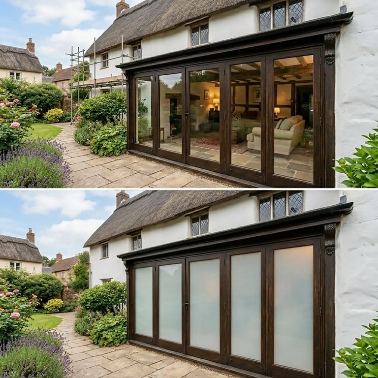 Before and after comparison of a thatched cottage with black-framed glass extension, showing open and closed sliding glass doors