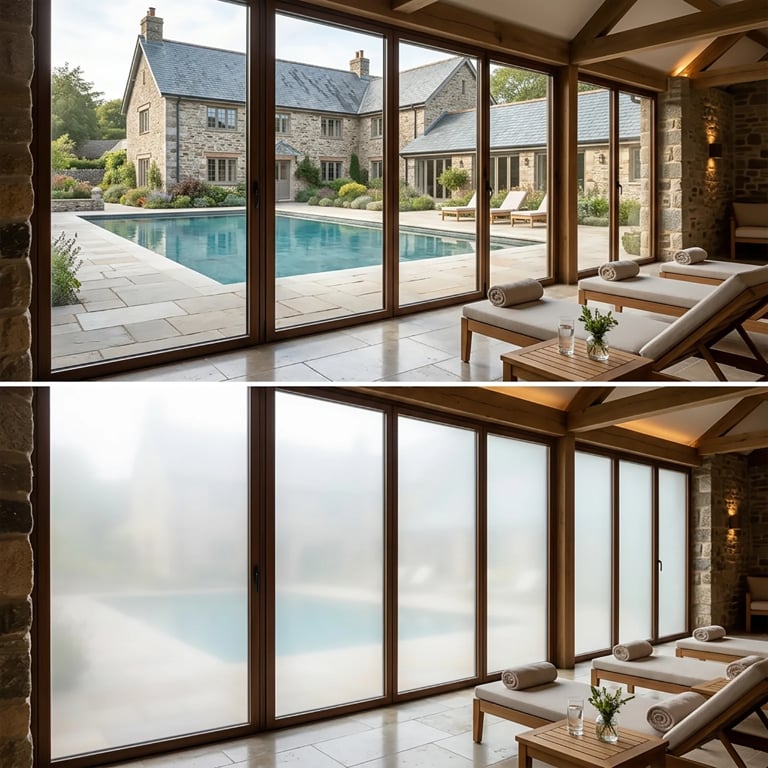 Before and after comparison of large glass doors with privacy frosted film applied, showing luxury home pool view