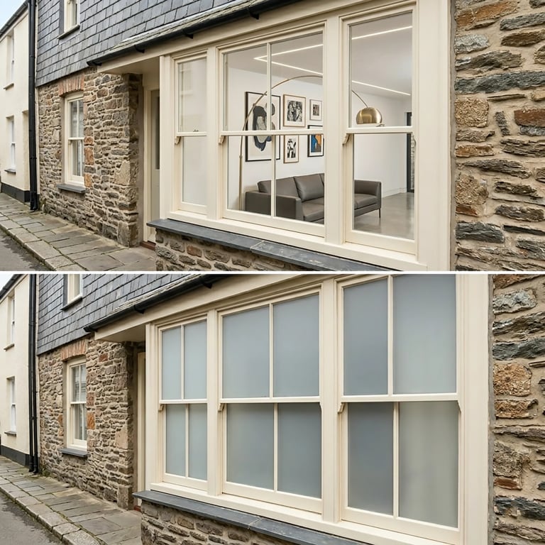 Before and after comparison of a stone cottage exterior showing new white-framed windows replacing older glazed doors and windows