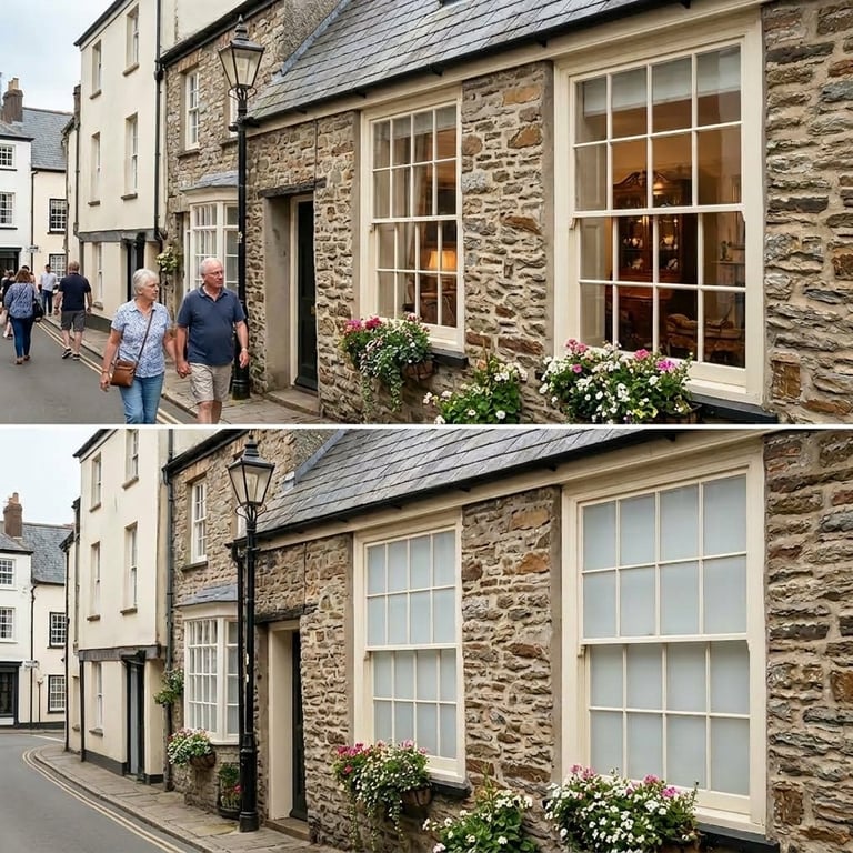 Stone cottage storefront with white-trimmed windows and flowering plants, shown in two views with and without pedestrians