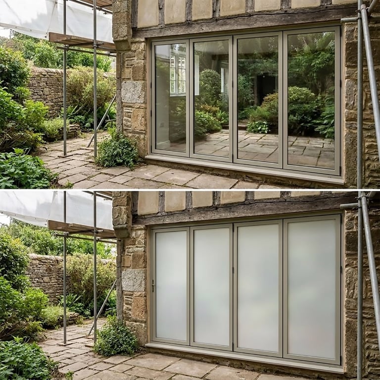 Before and after comparison of large glass patio doors with frosted privacy film applied to lower panel