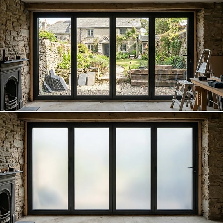 Before and after comparison of black-framed glass doors. Top shows open garden view, bottom shows frosted glass doors in stone wall.