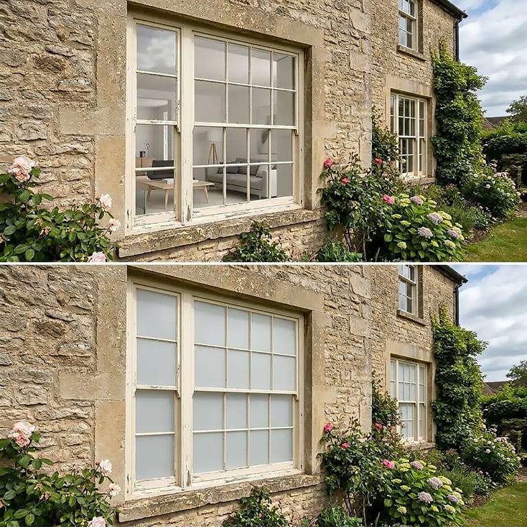 Before and after comparison of a stone cottage window replacement, showing old multi-pane windows replaced with modern double-glazed units