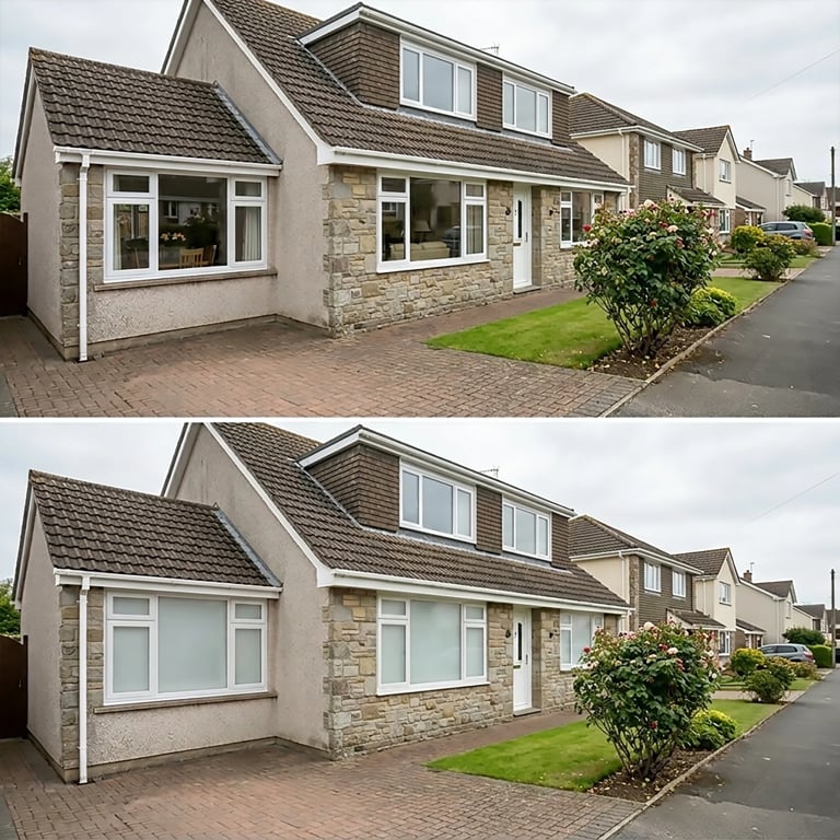 Before and after comparison of a stone residential home exterior showing window and entrance modifications