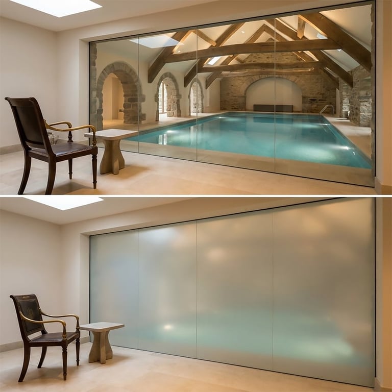 Before and after of a modern glass-enclosed indoor pool room with stone arches and exposed wooden beams, showing open and frosted glass views.