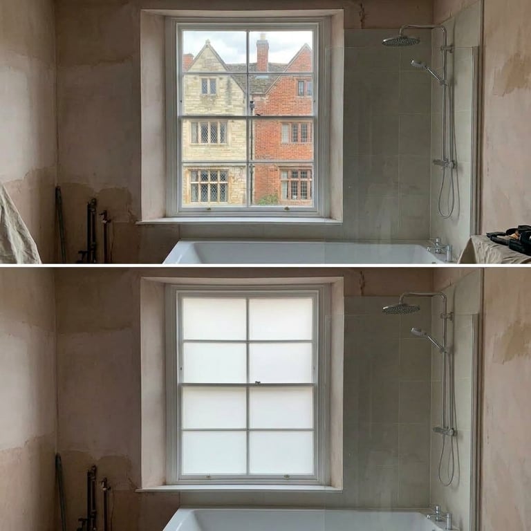Before and after bathroom window renovation showing original multi-pane window with exterior view replaced with simpler frosted glass window design.
