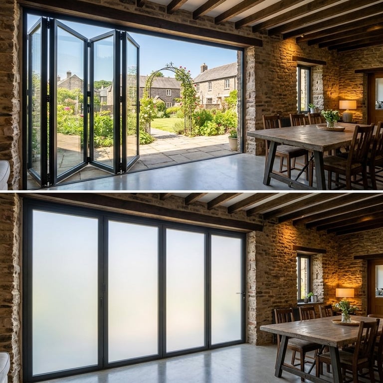 Before and after comparison of bi-fold doors open to garden and closed with frosted panels in a stone cottage dining room