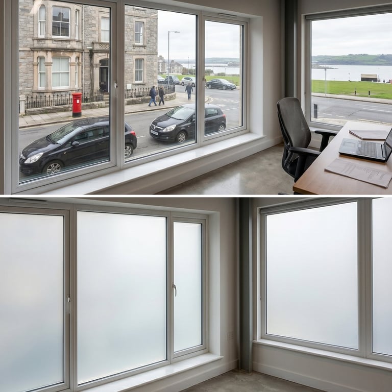 Two office views through large windows: top showing cityscape with parked cars and water view; bottom showing frosted glass windows with blurred exterior